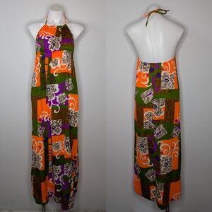 Vintage Karen Ann orange purple brown geometric floral maxi halter dress S